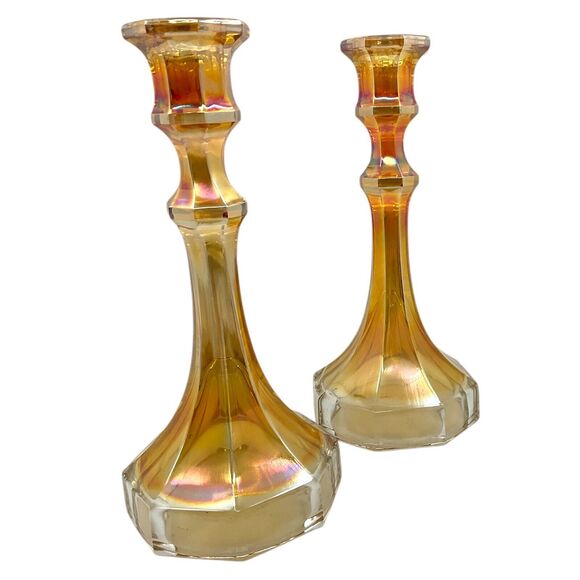 Imperial Carnival Glass Candlesticks Clear to Marigold Delta Base Colonial - Picture 4 of 7